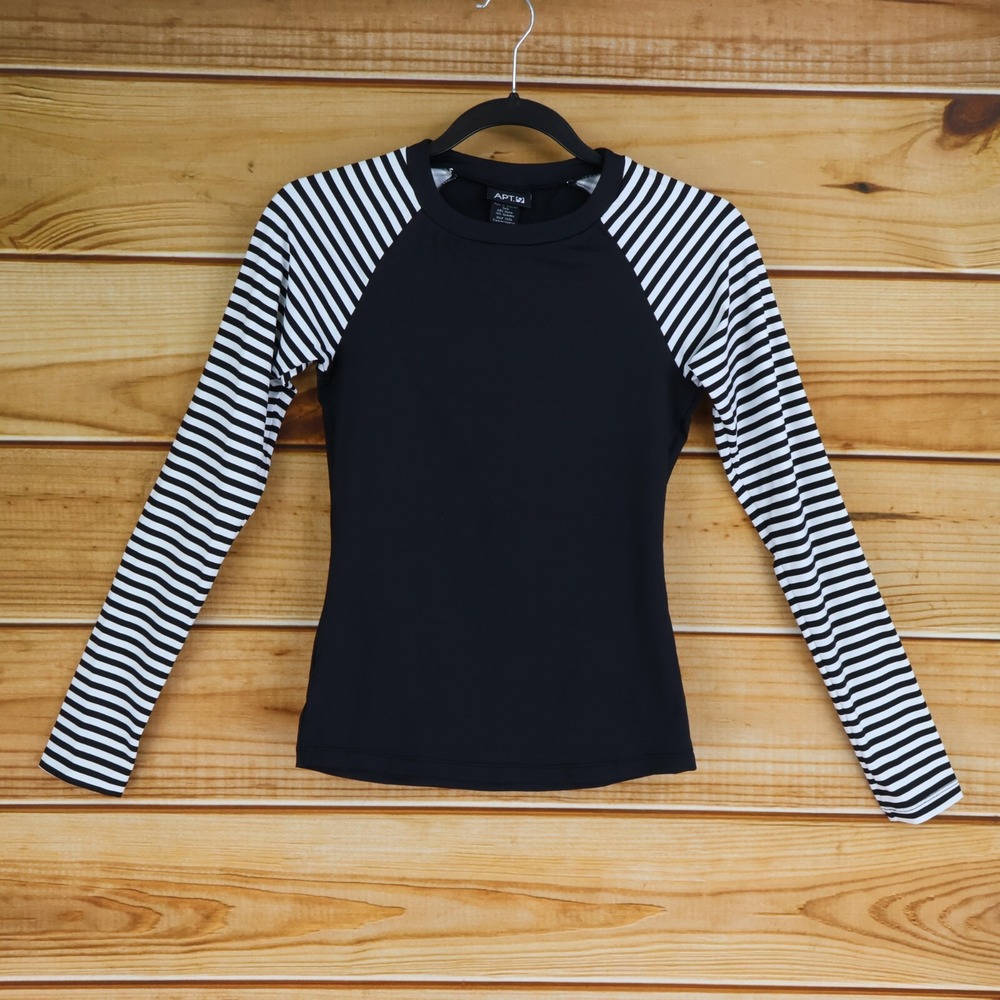 Apt. 9 Long Sleeve Swimsuit Top Girls Size M Black White Striped Stretch Comfort